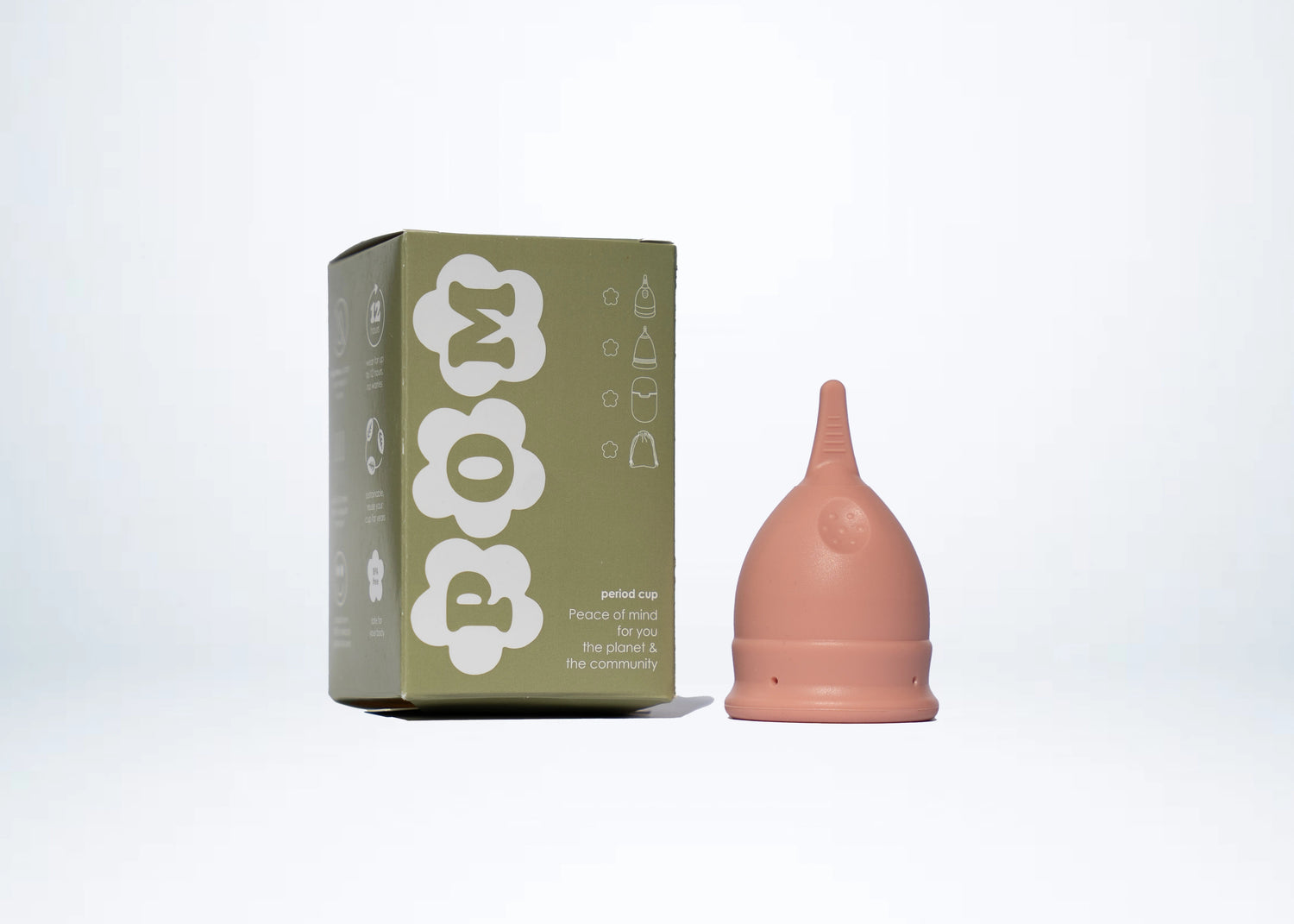 POM Finger Grip Menstrual Cup in light peach made from, 100% medical-grade silicone cup with branded box.