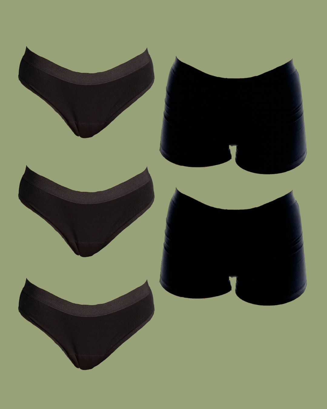 Collage of 3 Black Classic POM Period Underwear and 2 Black Boyleg POM Period Underwear - making up the Got You Covered Pack