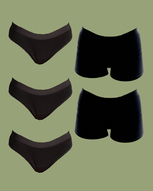 Collage of 3 Black Classic POM Period Underwear and 2 Black Boyleg POM Period Underwear - making up the Got You Covered Pack