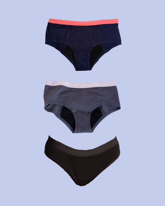 Collage of POM period underwear Teen Starter Pack - One teenage navy pair, one teenage grey pair and one classic black pair 