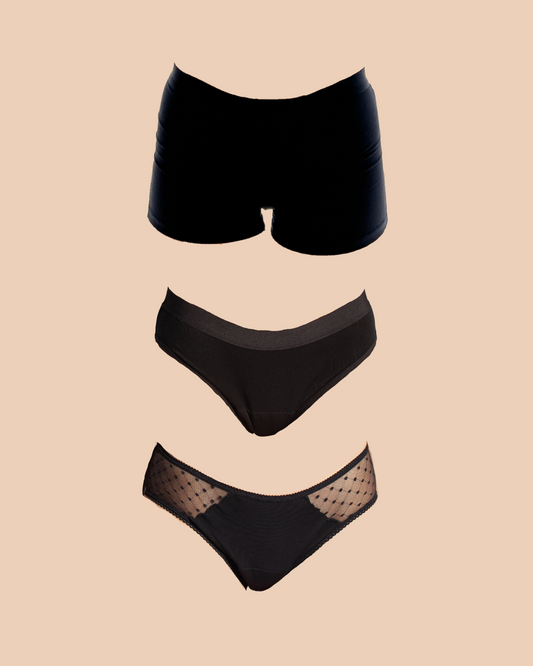 Collage of POM Our Favs Period Underwear Pack - showing black boyleg, black classic, and black lace side