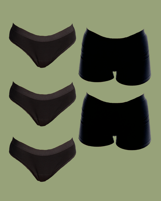 Collage of 3 Black Classic POM Period Underwear and 2 Black Boyleg POM Period Underwear - making up the Got You Covered Pack 