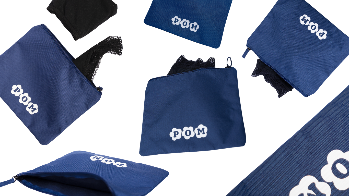 Collage of images showcasing the POM Waterproof Toiletry Bag in navy, made from rPET (recycled plastic bottles), featuring zip details, POM logo, and storage POM period underwear.